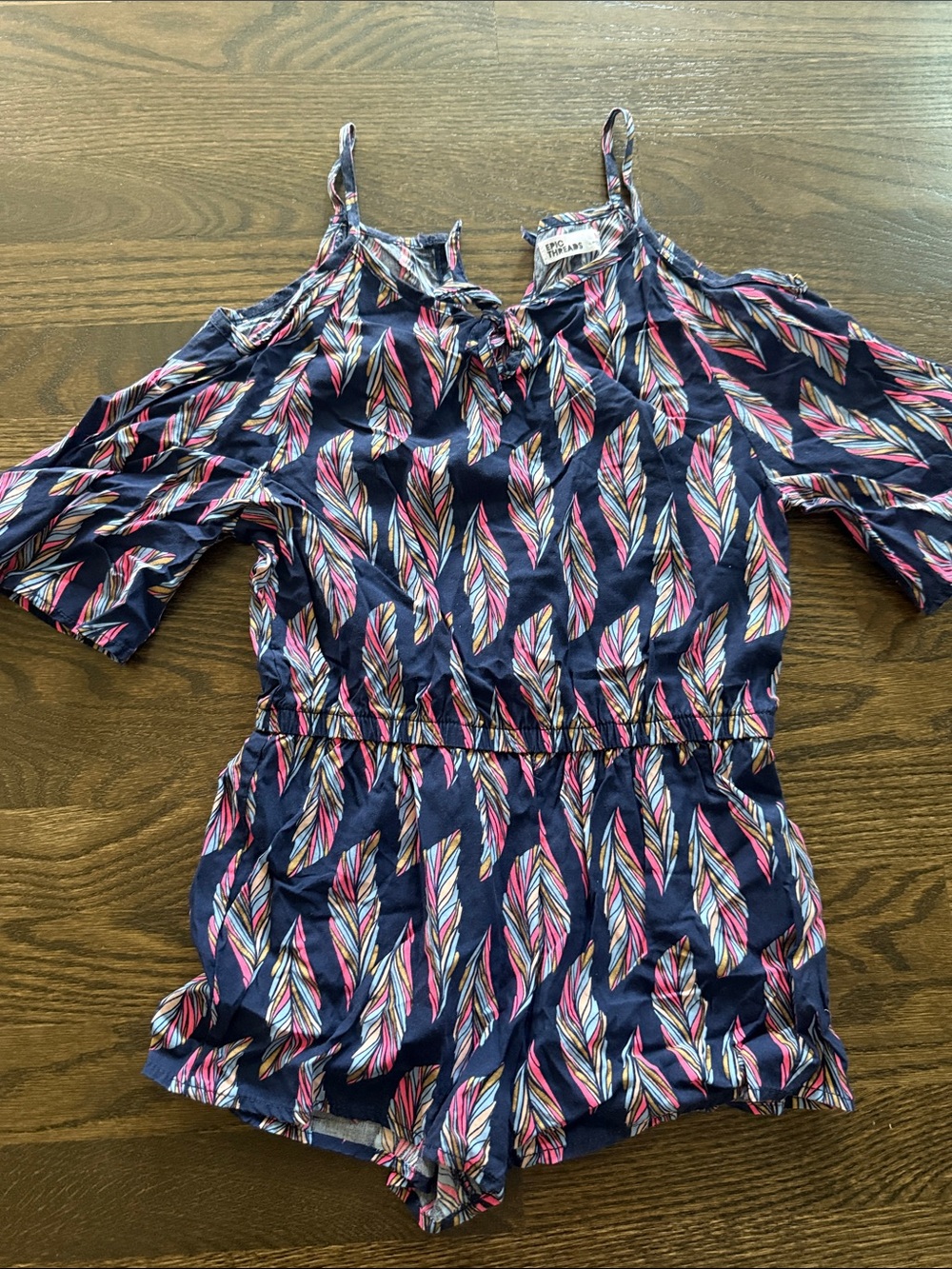 Girl’s Navy Feather-Print Cold-Shoulder Romper